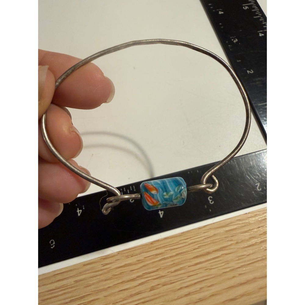 Artisan Sterling Silver Bangle Blue Lampwork Glass Fish Bead Hook Eye Bracelet